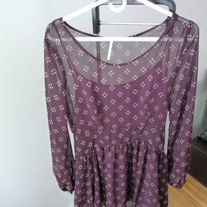FREE PEOPLE fully lined mini dress tunic bell sleeves burgundy size S